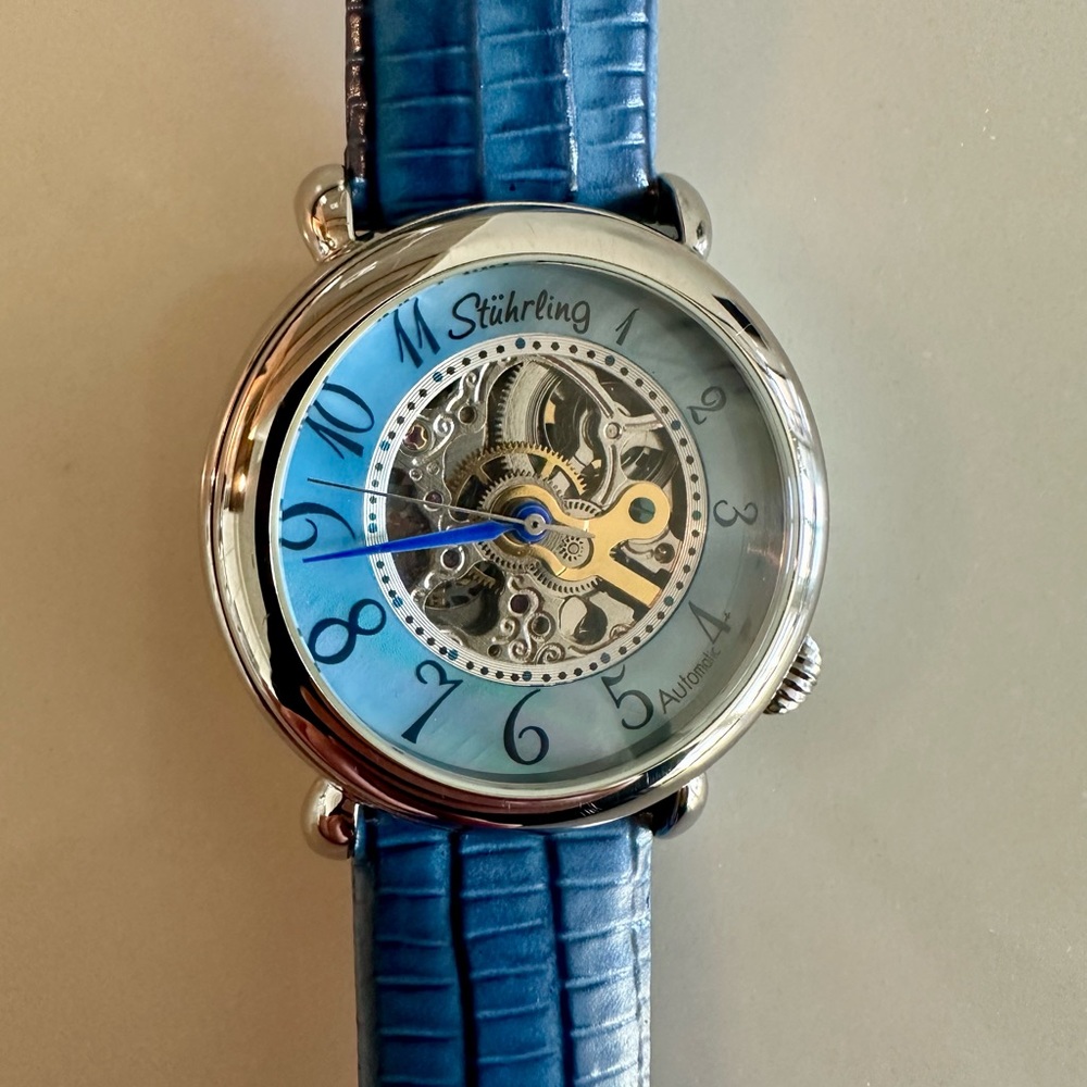 Stührling Lady Wall Street 108 Automatic 35mm Blue Leather Strap Watch